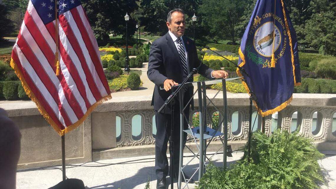Kentucky Gov. Matt Bevin blasted a campaign ad by Democratic opponent Andy Beshear about education funding at a news conference Monday, Sept. 9, 2019, at the Governor’s Mansion.