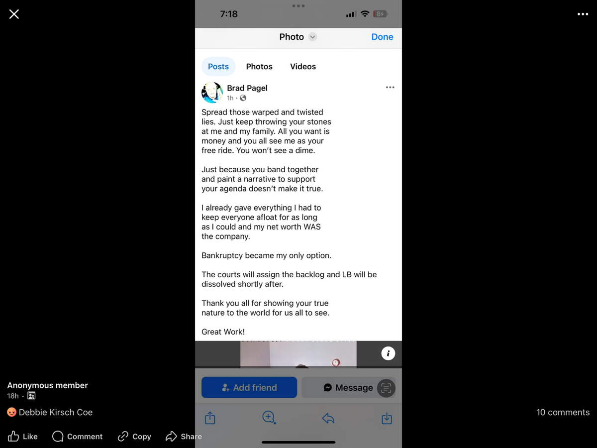 In a now-deleted post, Lexington Blue owner Brad Pagel claimed “bankruptcy became my only option.”