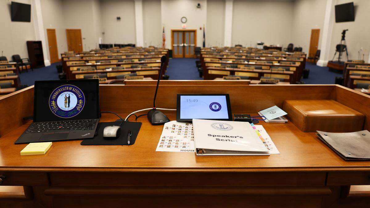 Interior shot of The Kentucky General Assembly's temporary House chambers constructed near the Capitol Annex due to Capitol renovations on January 9, 2026, in Frankfort, Ky.