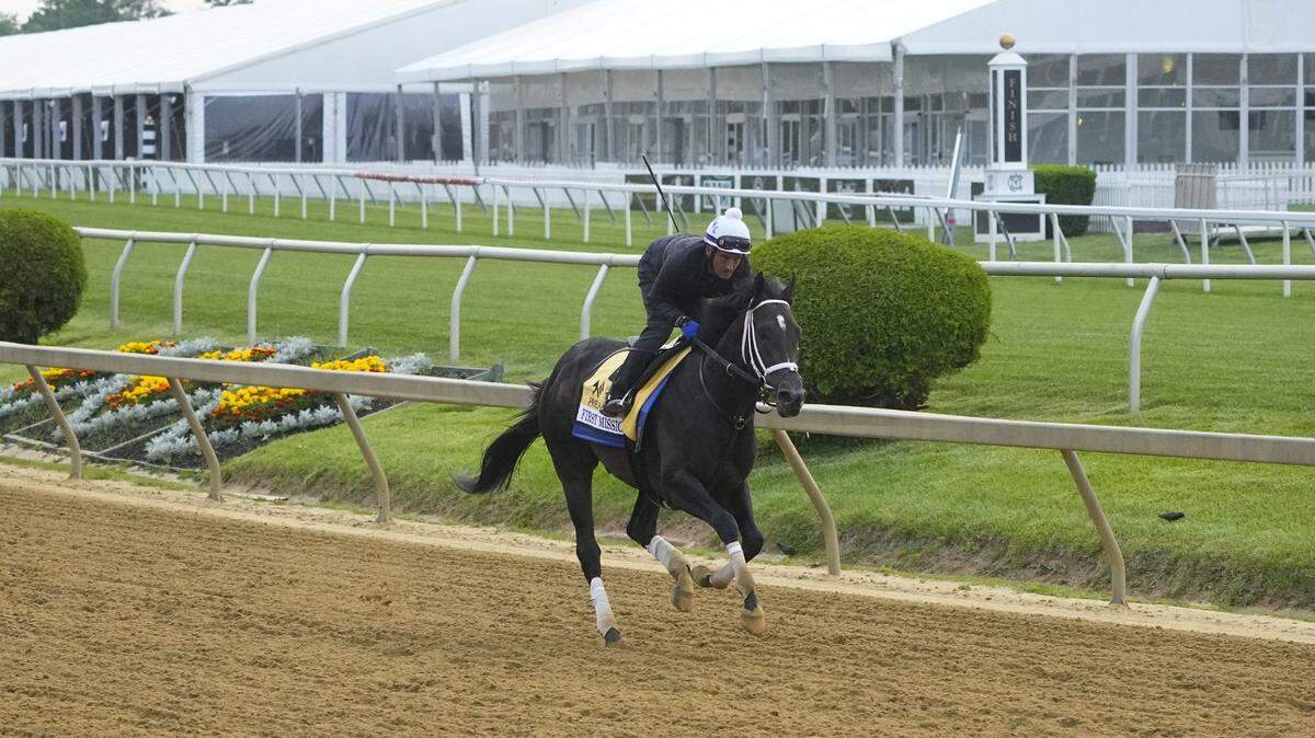 Preakness Stakes contender First Mission, who trained Wednesday morning at Pimlico Race Track in Baltimore, was scratched because of a problem with his left hind foot.