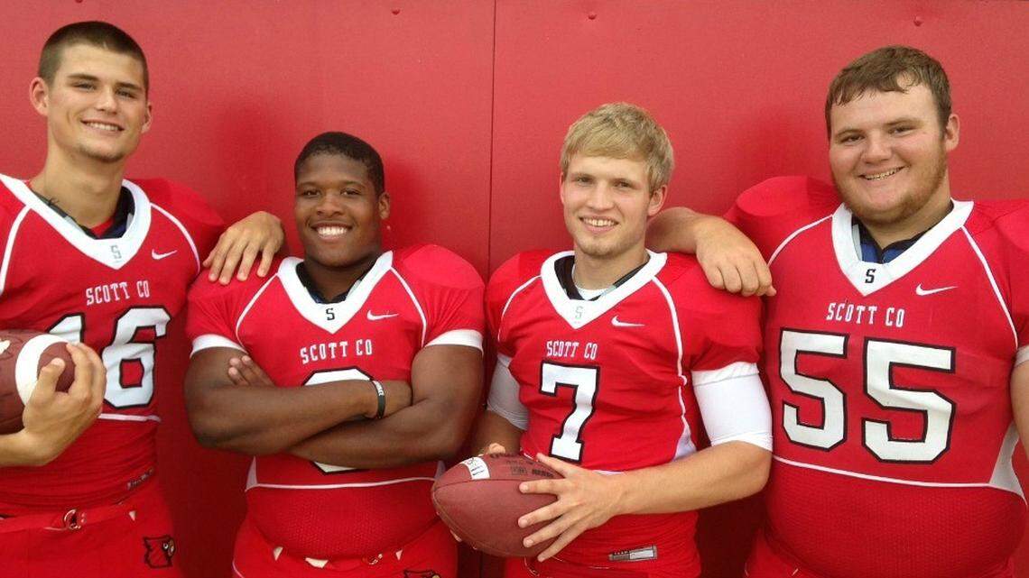 Quarterback Clay McKee (7) is plotting an encore to Scott County's undefeated season with Grayson Miller (16), Zack Barber and Chase Daff (55).  