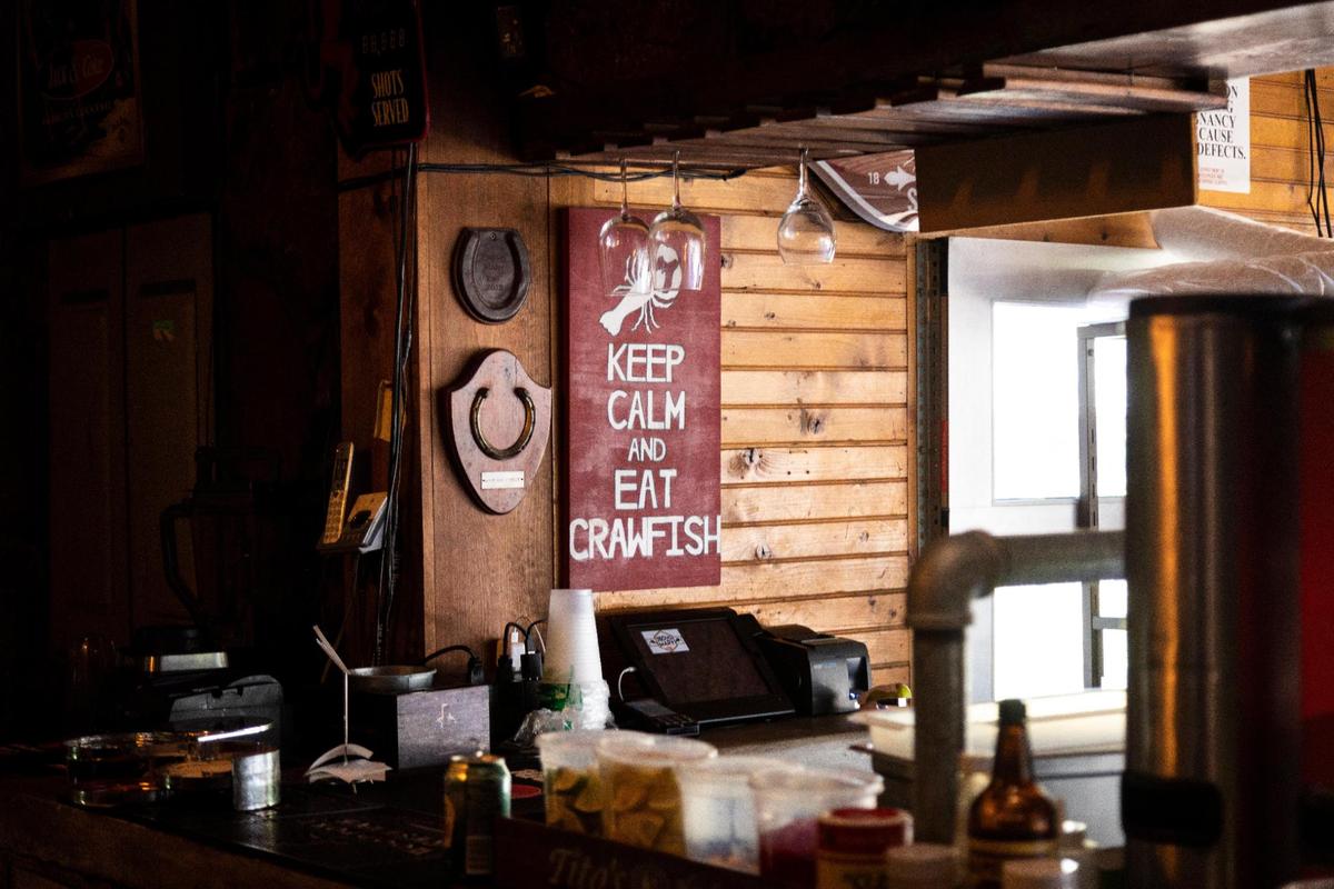 Decorations up inside Proud Mary BBQ in Lexington.