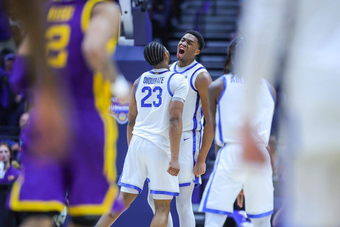 Kentucky forward Mouhamed Dioubate (23) and center Brandon Garrison celebrate during the Wildcats’ SEC Tournament opening-round game Tuesday, March 11, at Bridgestone Arena in Nashville, Tennessee.