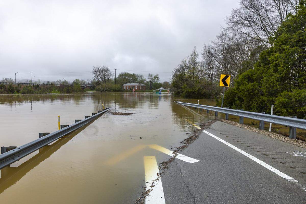 Exit 10 along the Bluegrass Parkway in Nelson County, Ky., is flooded Sunday, April 6, 2025.