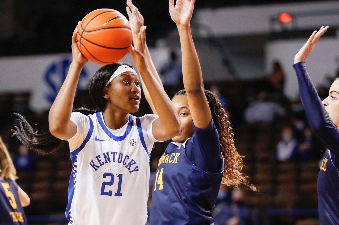 Kentucky sophomore Nyah Leveretter (21) has received a significant increase in playing time for UK in recent weeks.