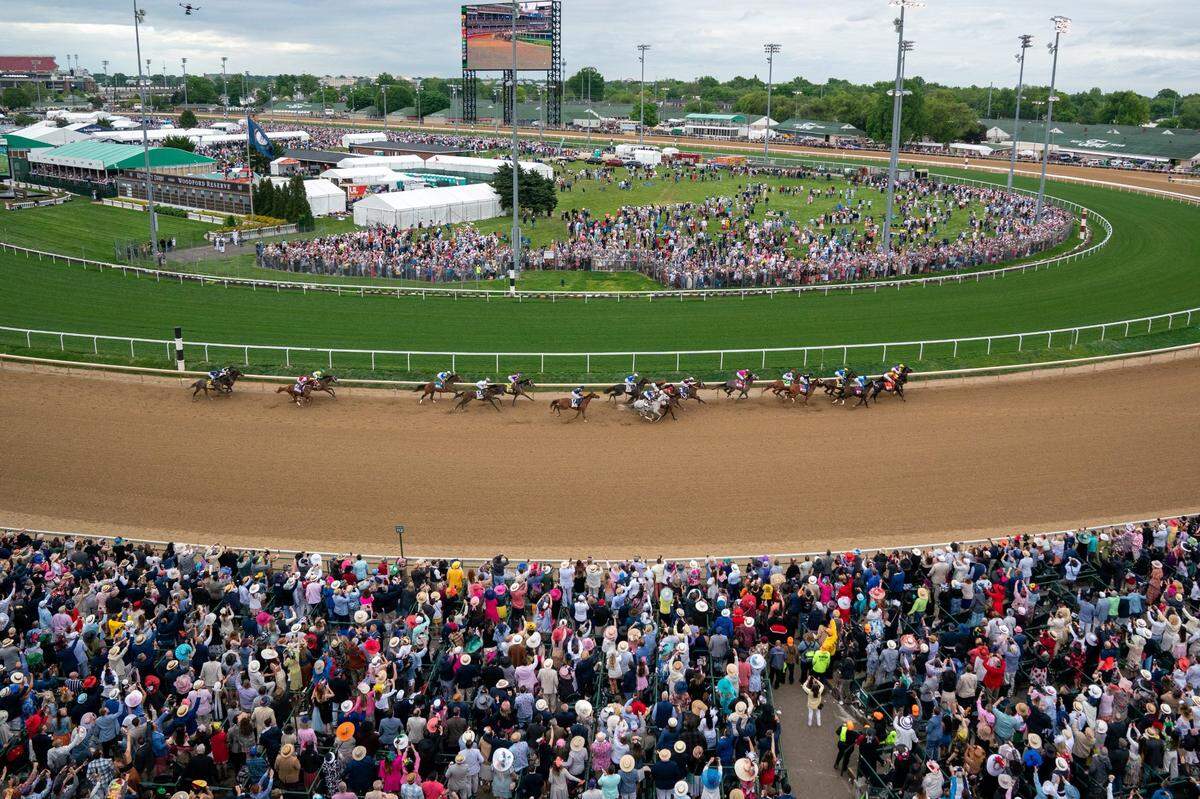 Rich Strike was running 18th, third from left, at this juncture before going on to win the Kentucky Derby on Saturday at Churchill Downs.