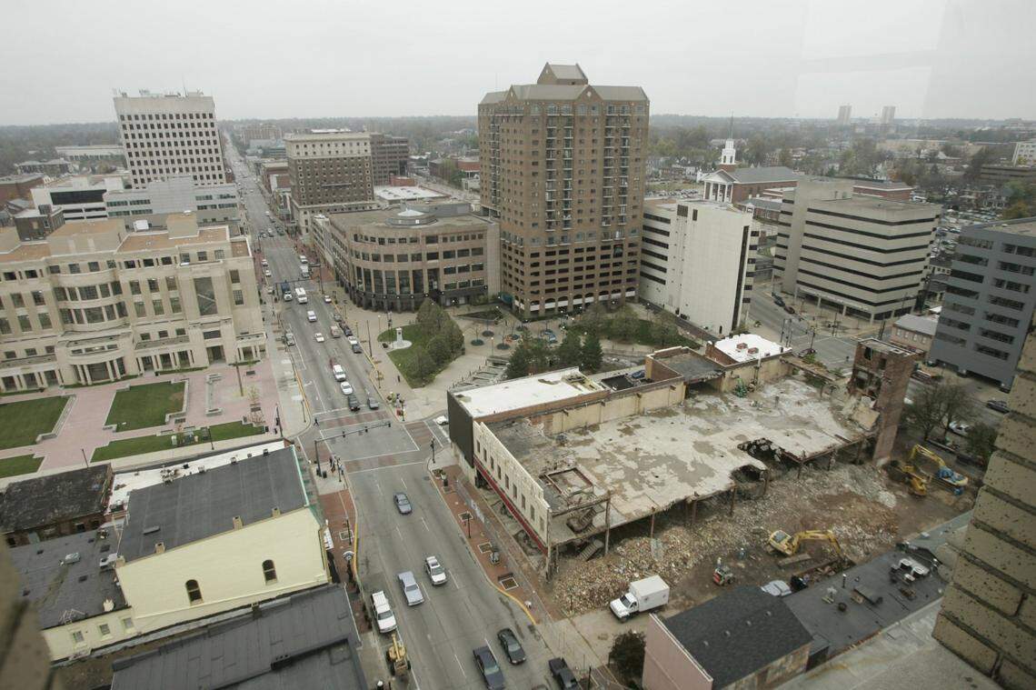 Demolition continues on the Woolworth building, bottom right, on Main Street in downtown Lexington, Ky., on 11/03/04. David Stephenson/staff