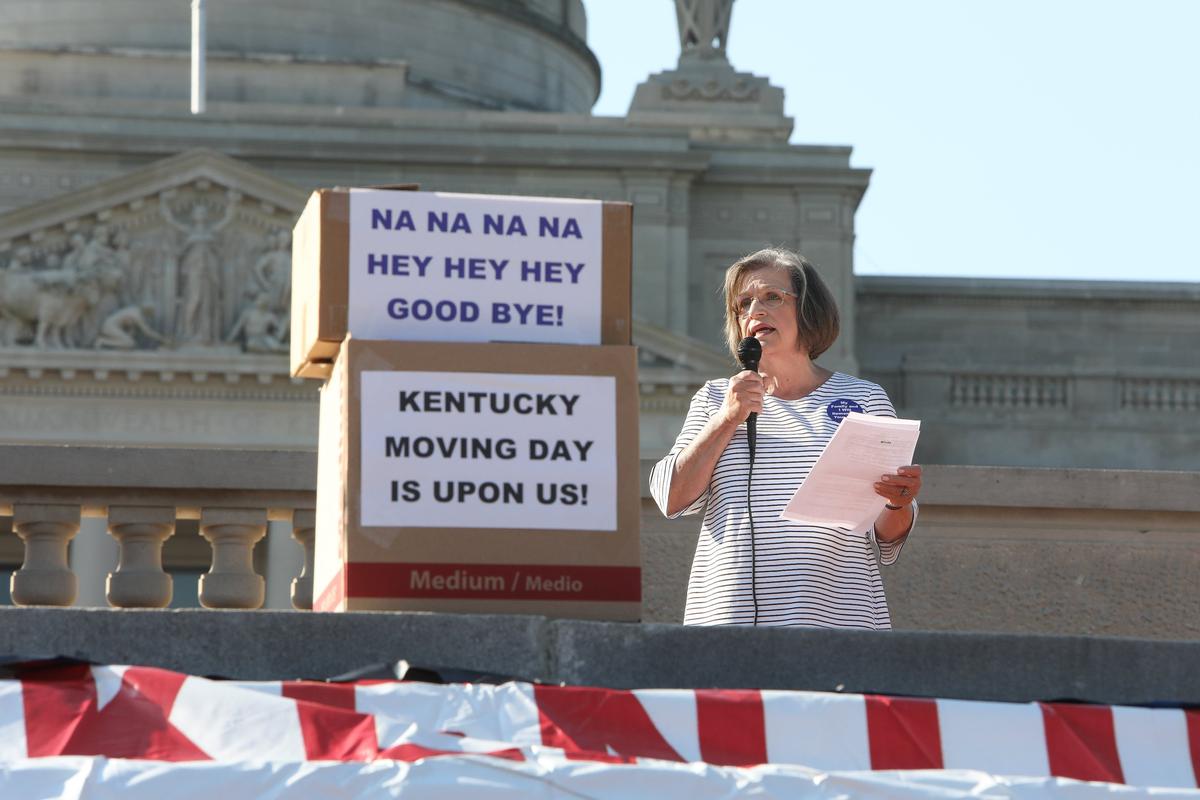 Retired educator Sue Ellen Caldwell as state workers and teachers rallied against the pension bill Saturday in Frankfort. Photo by Matt Goins