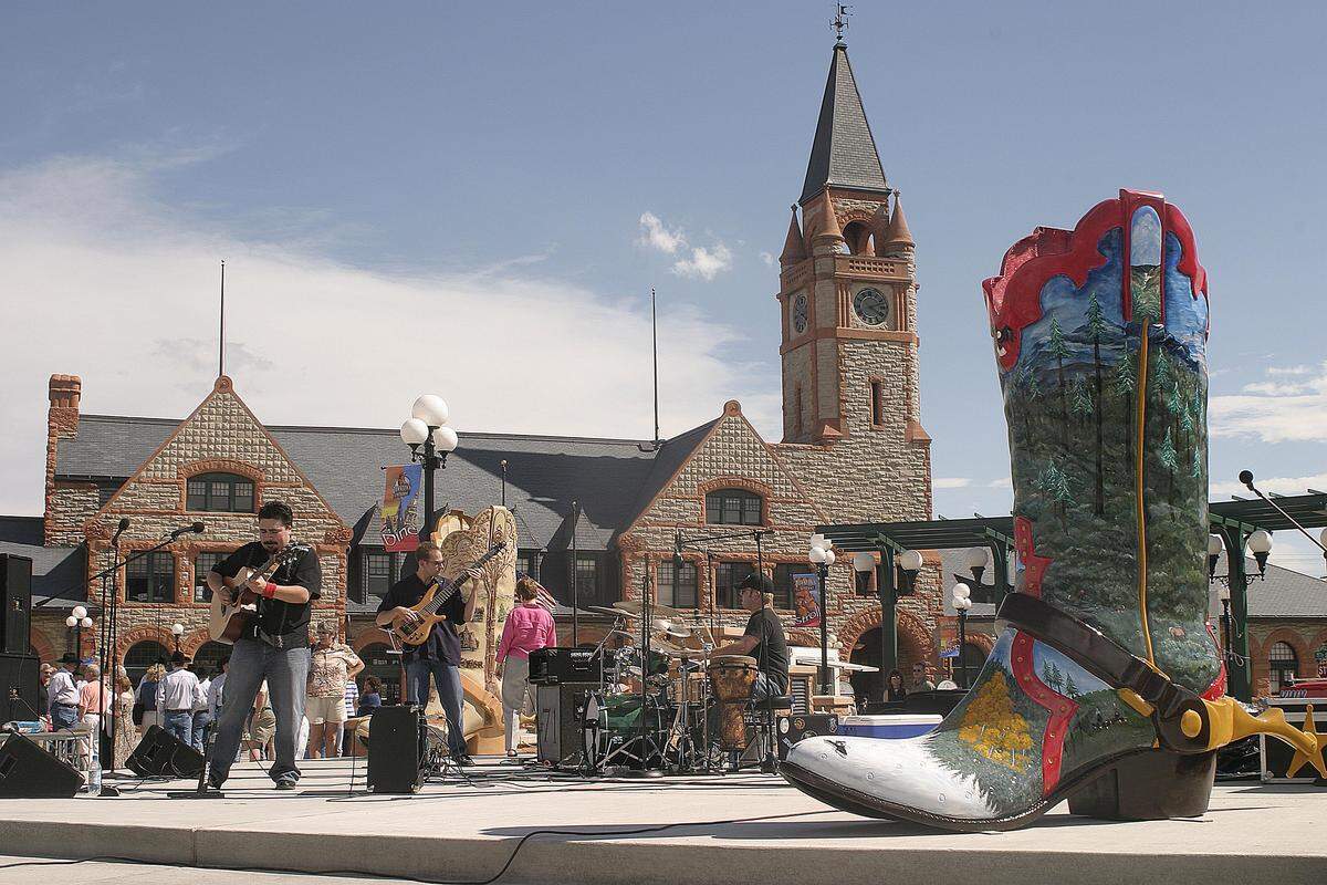 The Cheyenne Depot Plaza. Built as the Union Pacific Depot in 1886, it’s one of the last leftovers from the transcontinental railroad, and overlooks a central plaza lined with fiberglass sculptures of giant cowboy boots.