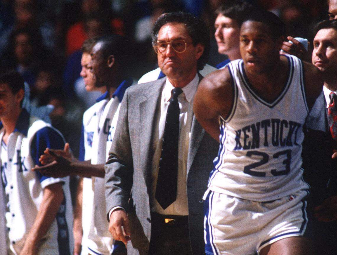 UK Coach Eddie Sutton and Eric Manuel in a 1988 game in Rupp Arena.