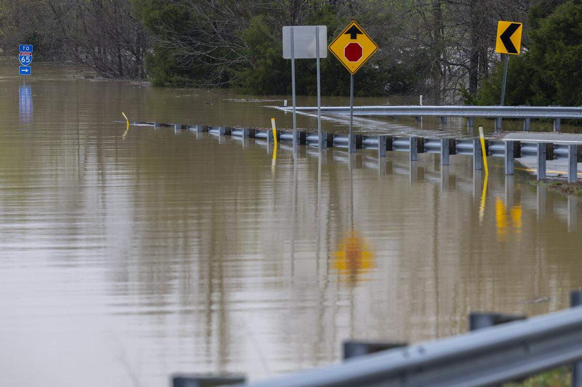 Exit 10 along the Bluegrass Parkway in Nelson County, Ky., is flooded Sunday, April 6, 2025.