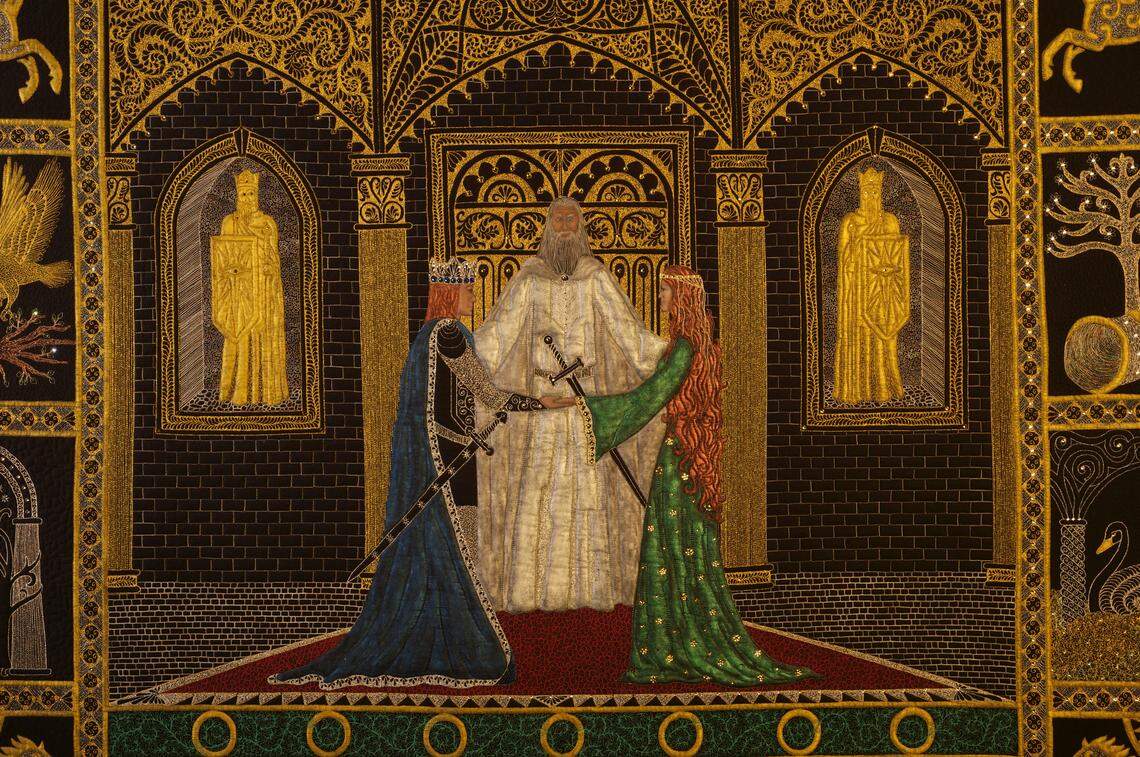 Detail of “Tribute to Tolkien” by Sue McCarty of Roy, one of more than 600 works of fiber art in the National Quilt Museum Collection.