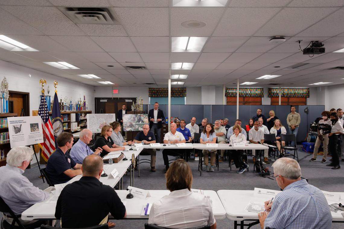 President Joe Biden attends a briefing with state and local leaders at Marie Roberts Elementary School in Breathitt County, Kentucky.