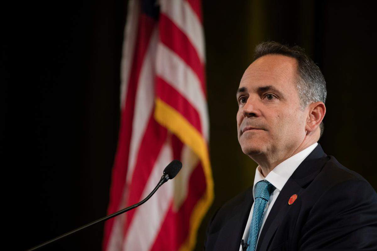 Republican Matt Bevin looks on during the final Kentucky gubernatorial debate between incumbent Republican Matt Bevin and Democratic candidate Andy Beshear on Tuesday, Oct. 29, 2019 at Northern Kentucky University in Highland Heights, Ky.
