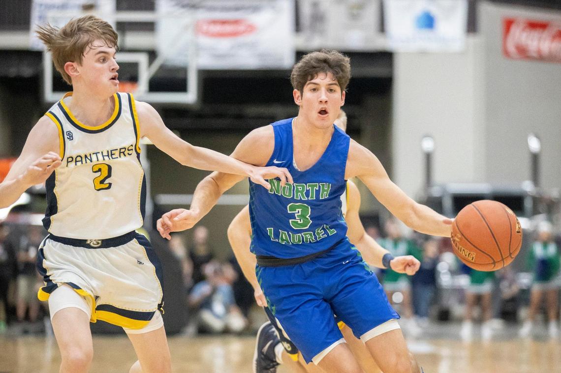 Reed Sheppard (3) totaled 14 points, 11 assists and seven rebounds when his North Laurel team faced fellow UK signee Justin Edwards on Sunday night in Louisville.