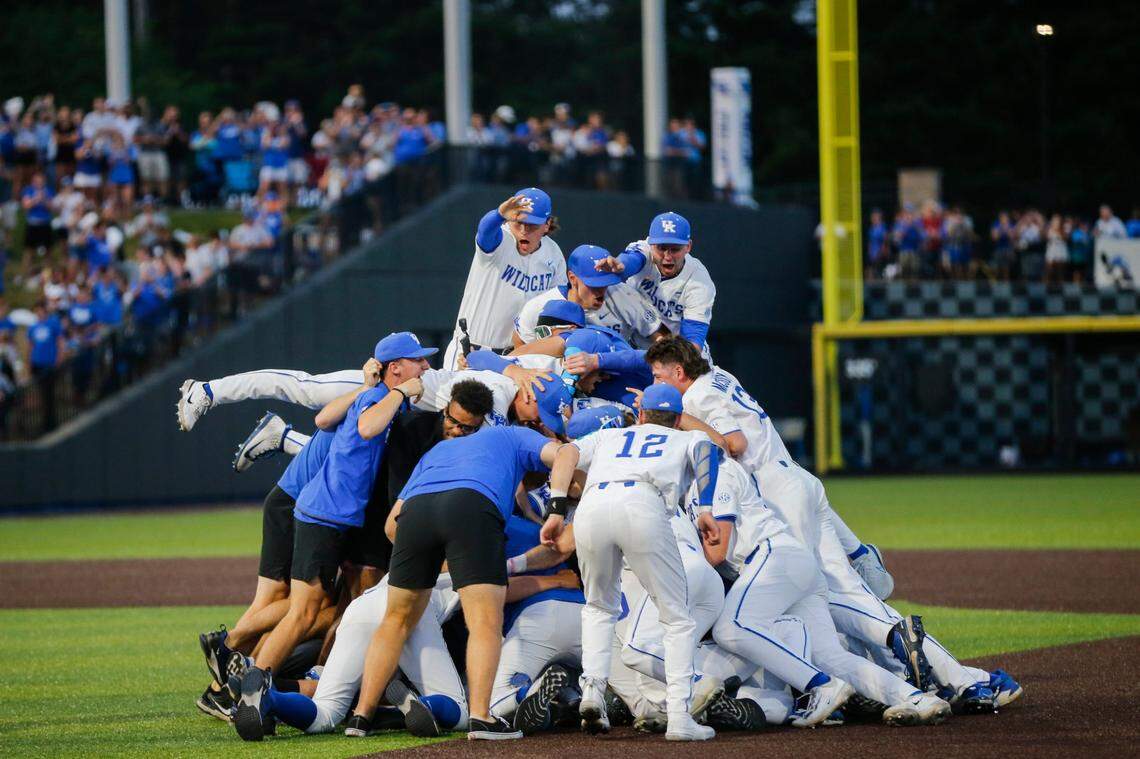 Kentucky celebrates winning the Lexington Regional after taking three games in 36 hours, capped by a 4-2 victory over Indiana on Monday night at Kentucky Proud Park in front of a crowd of 6,796.
