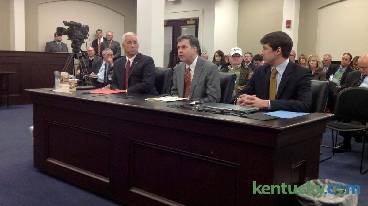Left to right, Sen Paul Hornback, AT&T Kentucky President Hood Harris, AT&T Kentucky director of legislative and external affairs Brad McLean, at the Senate committee this morning in Frankfort, KY.  January 30,2014  Photo by John Cheeves