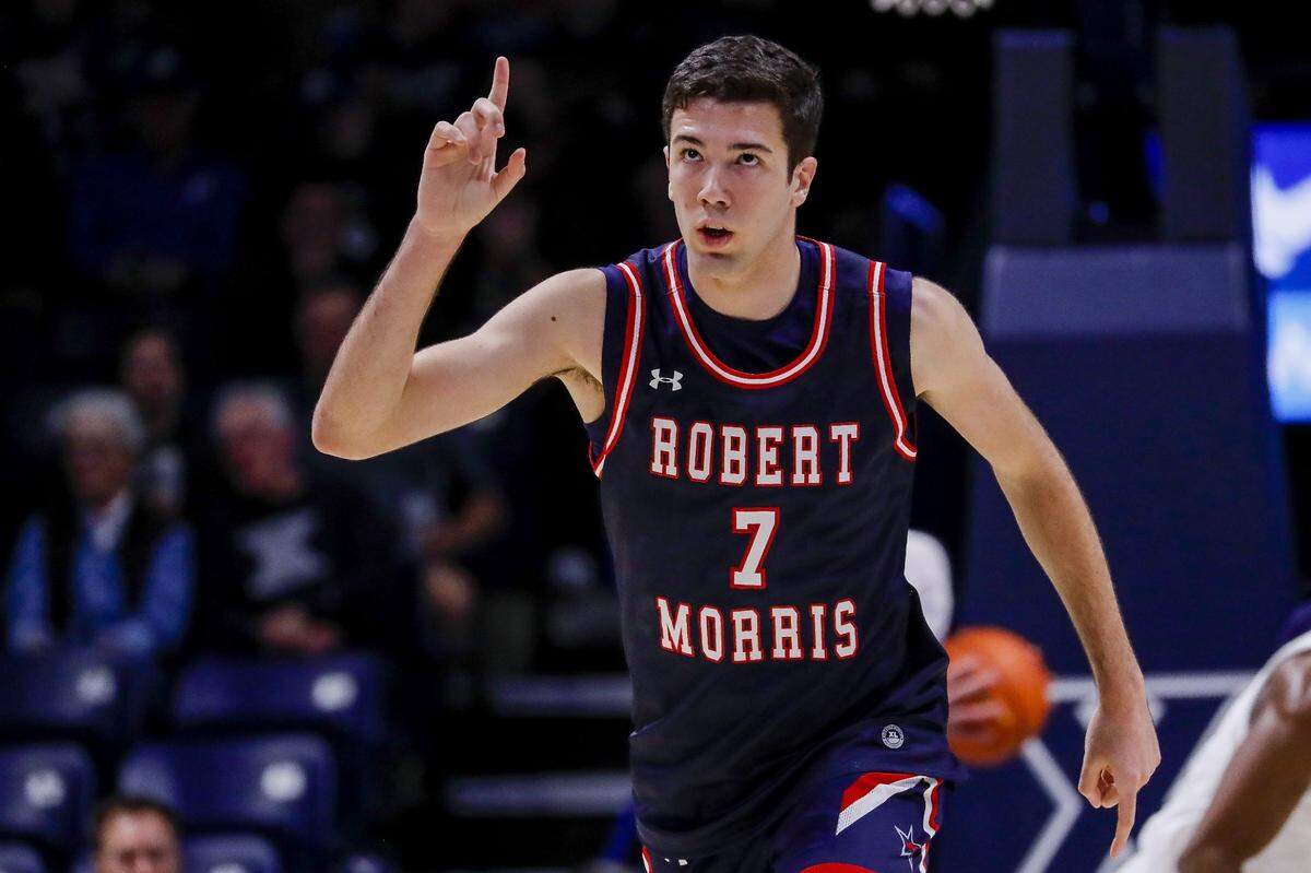 Nov 6, 2023; Cincinnati, Ohio, USA; Robert Morris Colonials forward Alvaro Folgueiras (7) reacts after a play against the Xavier Musketeers in the first half at Cintas Center. Mandatory Credit: Katie Stratman-USA TODAY Sports