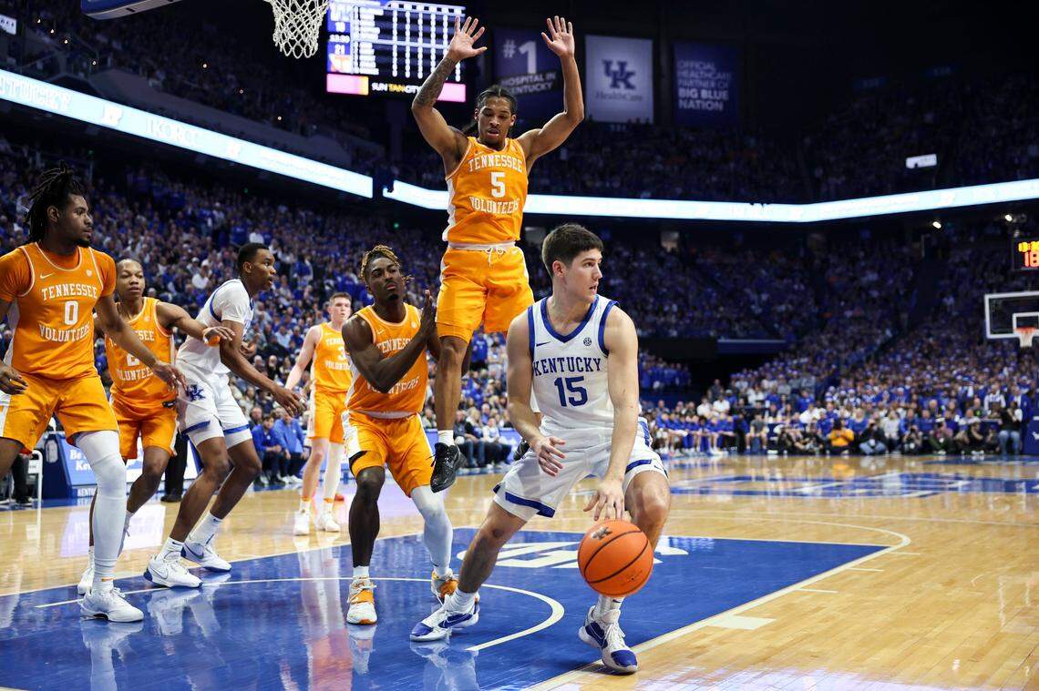 Kentucky guard Reed Sheppard (15) dribbles against Tennessee during the game at Rupp Arena on Saturday.