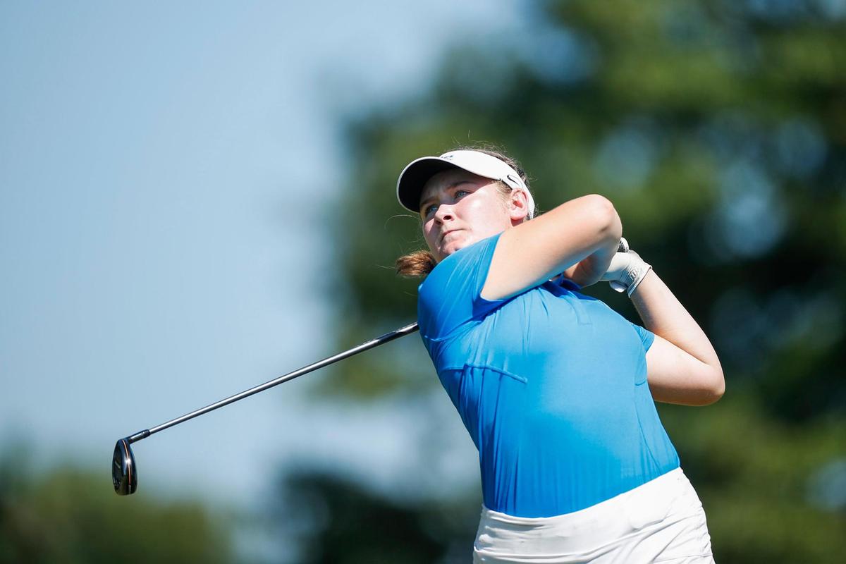 Bella Brooks fired a tee shot during the Region 9 Girls’ Golf Championship at The Woodford Club in Versailles on Sept. 20. Brooks shot a 2-over 74 on Tuesday at Winchester Country Club in the first round of the girls’ state golf tournament.