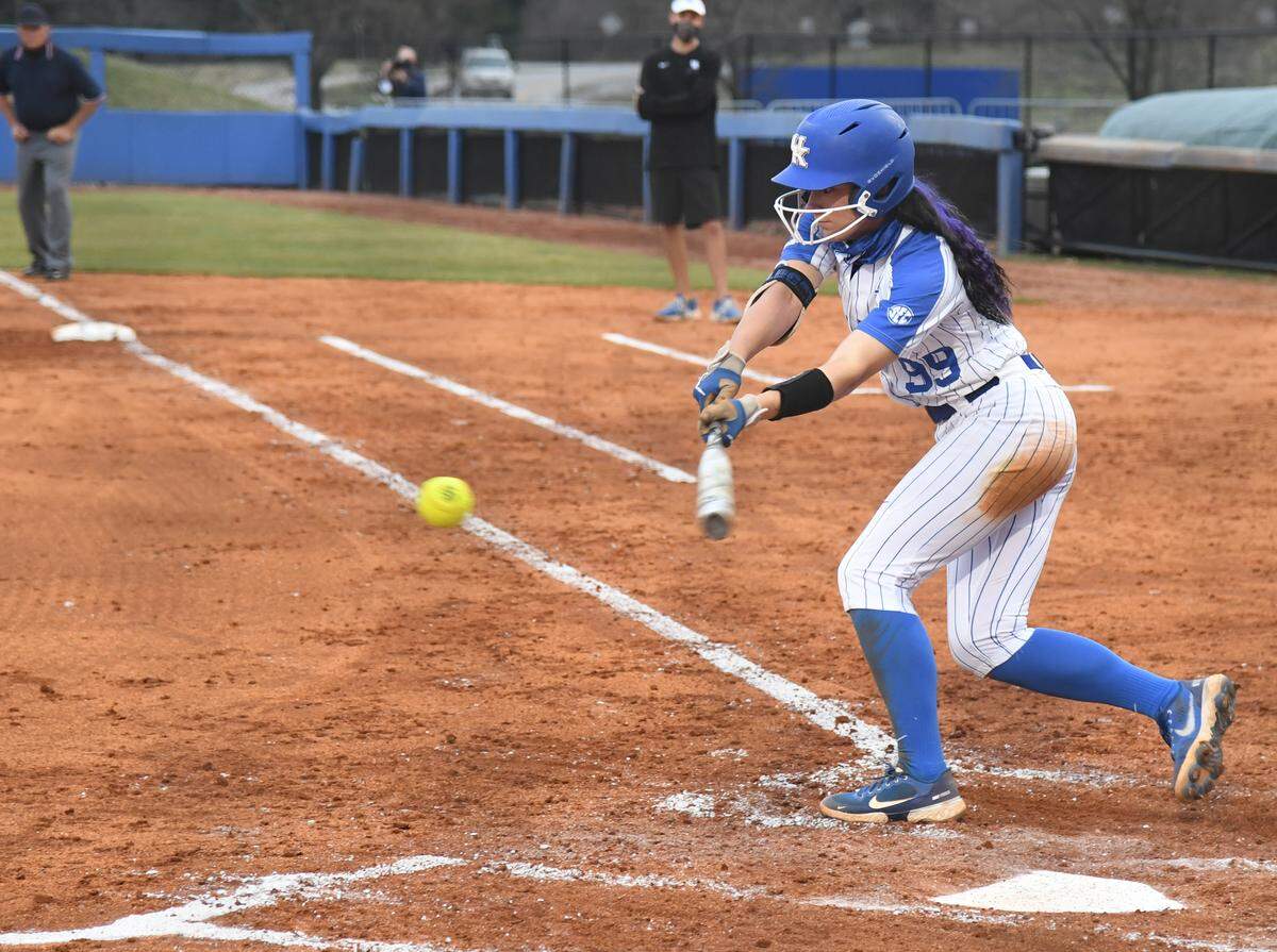 Kentucky’s Kayla Kowalik bunted for a single and eventually scored in the third inning of the Wildcats’ 6-5 win over EKU at John Cropp Stadium on Tuesday night. It was UK’s first home game in more than a calendar year.