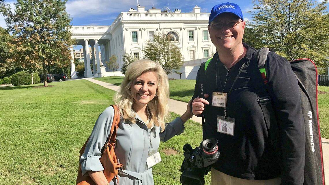 Miranda Combs with her longtime colleague, photographer Barton Bill, at the White House on assignment in 2018. Combs announced she is leaving WKYT; her last day will be Friday.