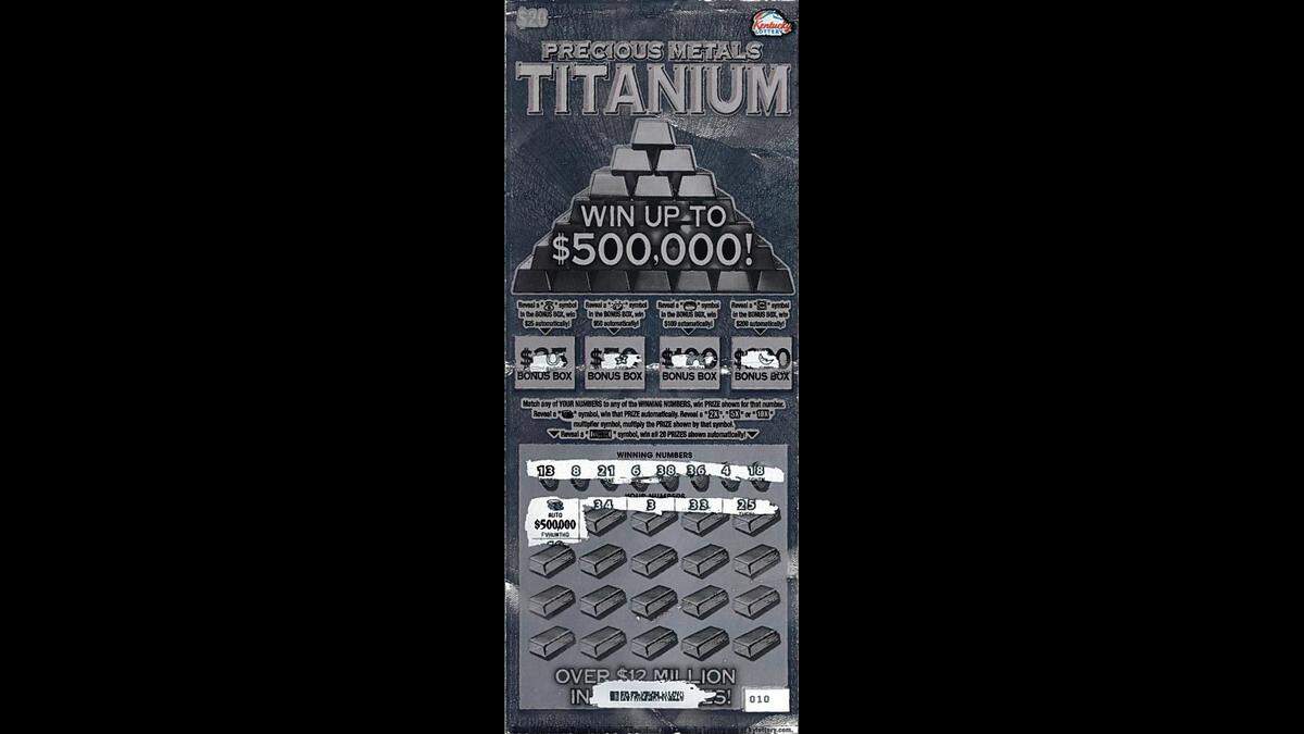 This scratch-off Precious Metals Titanium ticket recently won a Union, Ky., man $500,000 playing Kentucky Lottery.