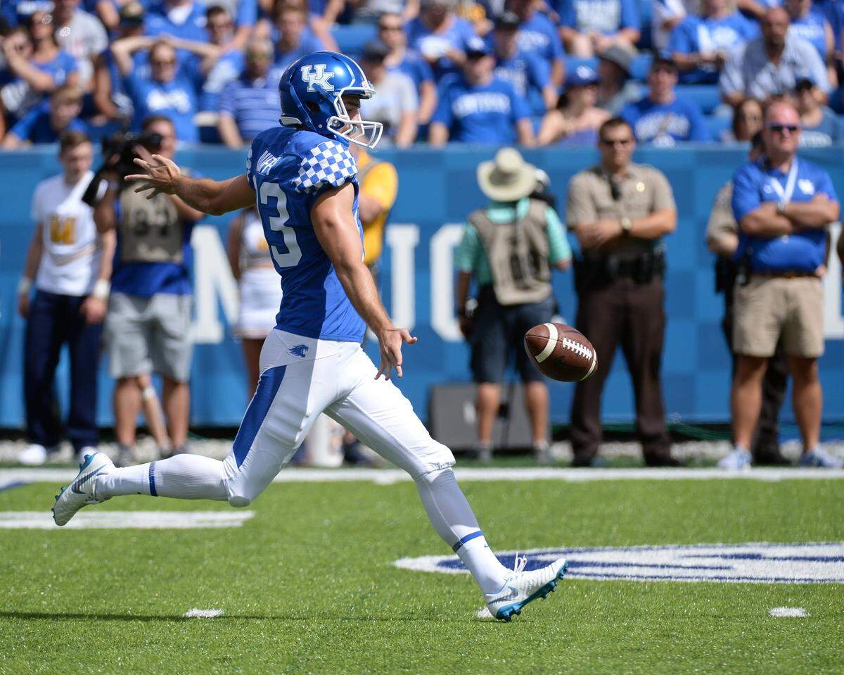 Kentucky punter Max Duffy averaged 54 yards a kick on six punts vs. Toledo in the 2019 season opener.