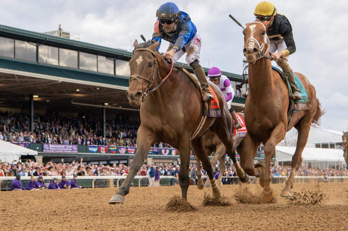 Cody’s Wish with Junior Alvarado wins the Dirt Mile at Keeneland on Saturday.