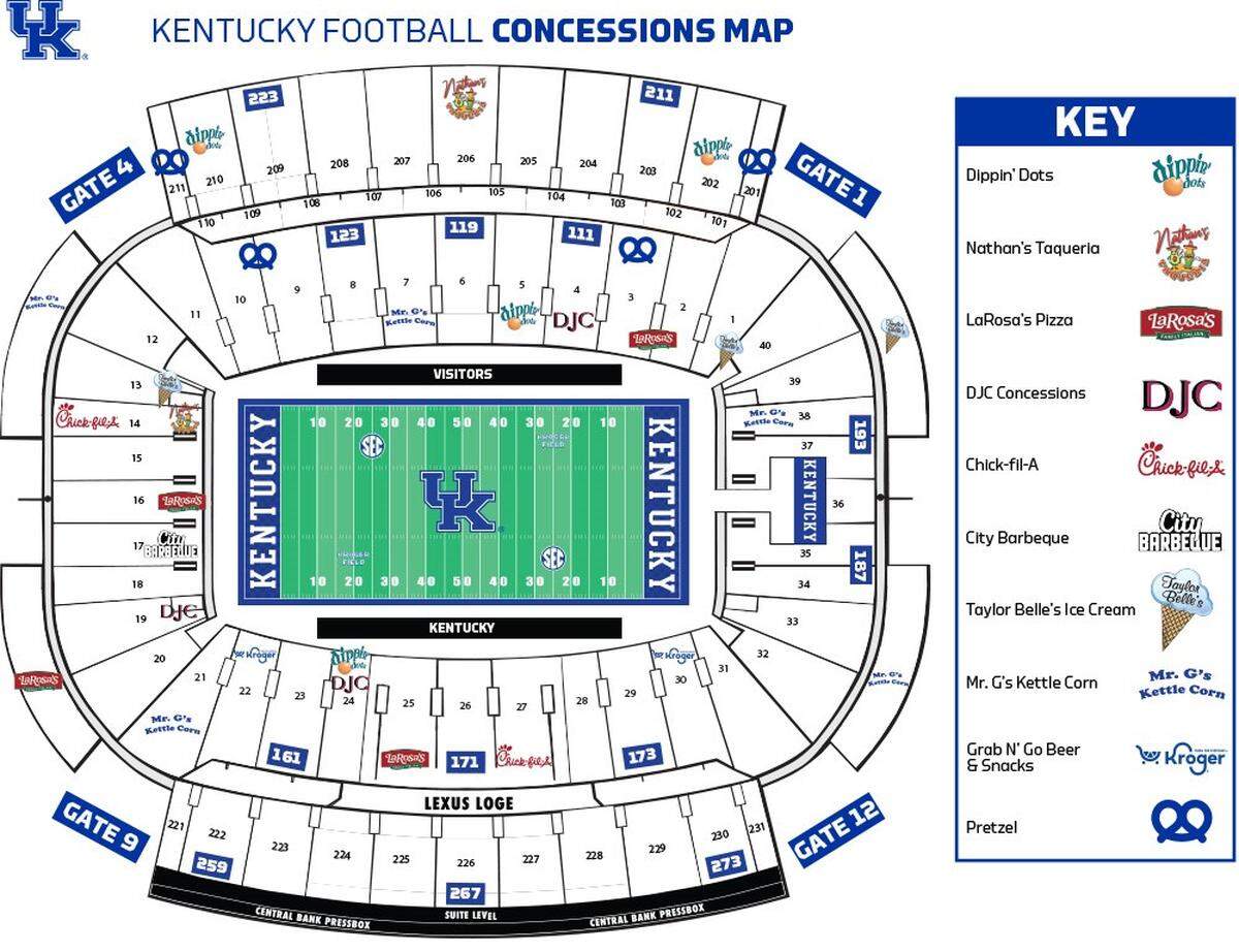 Several different food items, ranging from ice cream to pizza to tacos, are available at Kroger Field for Kentucky football home games during the 2023 season.