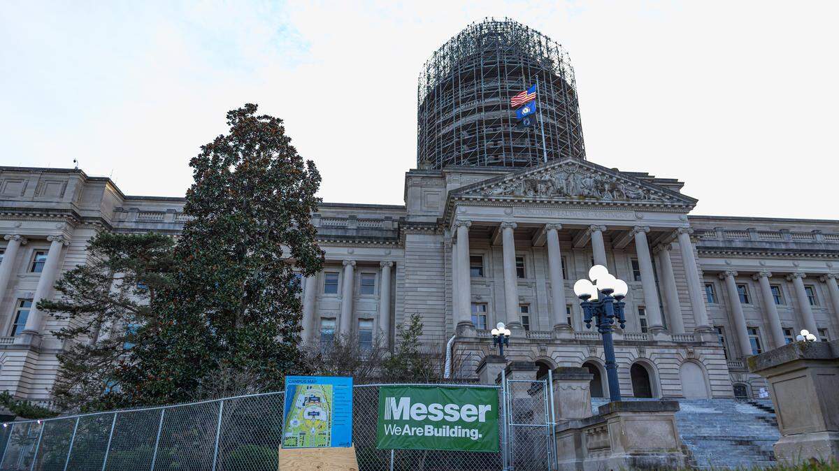 Main entrance of the Kentucky State Capitol building, currently undergoing renovations, on January 9, 2026, in Frankfort, Ky.
