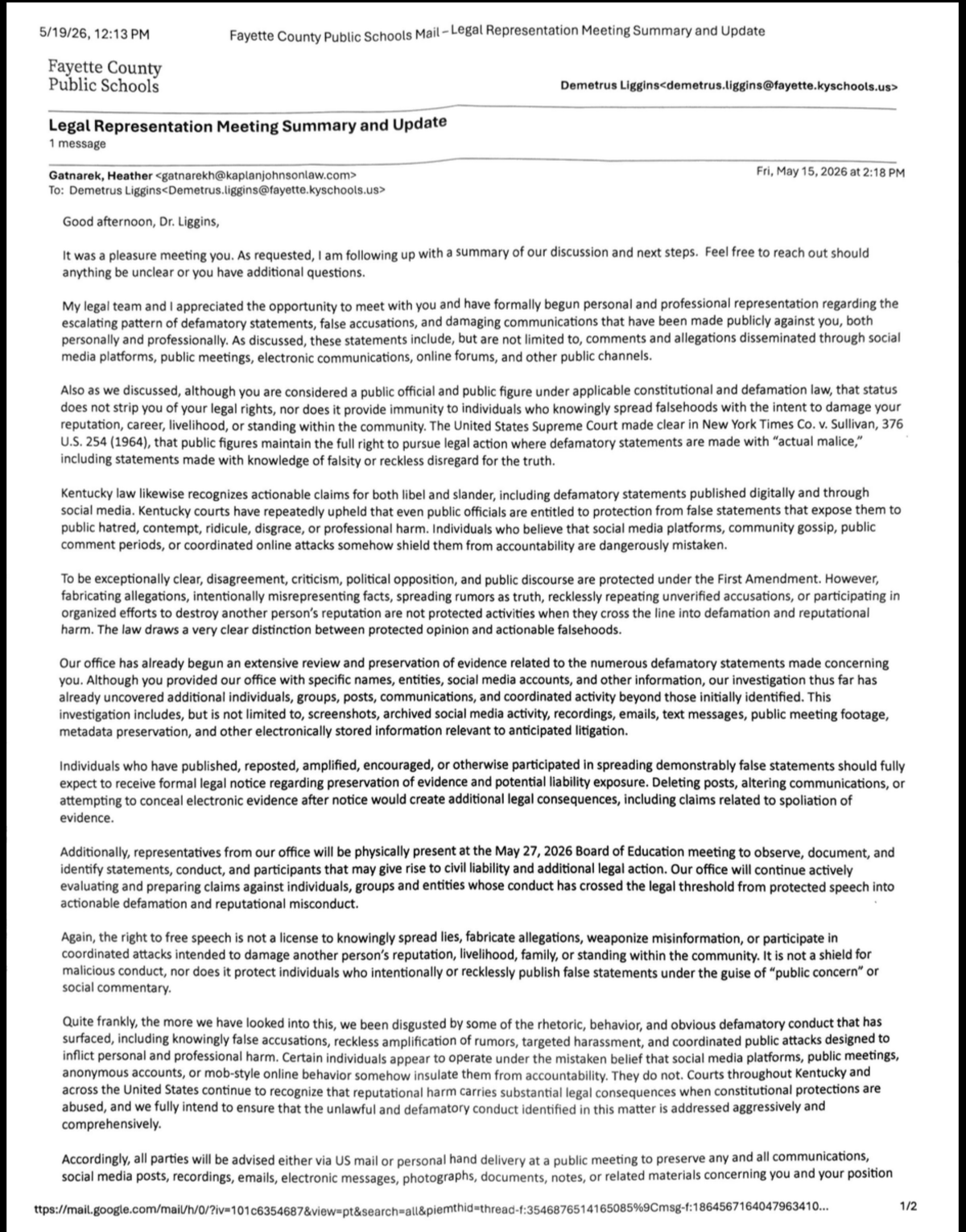 This email purporting to be from the law firm Kaplan, Johnson Abate and Bird was allegedly slipped under the door of a Fayette County Public Schools employee by Superintendent Demetrus Liggins. The law firm says the email is falsified.