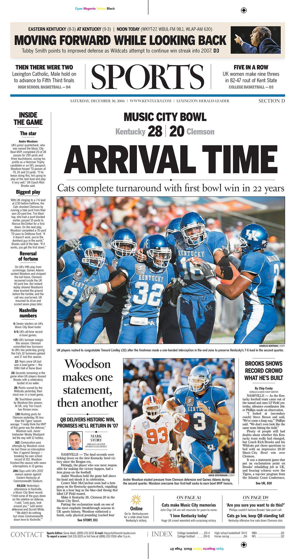 The front page of the Lexington Herald-Leader sports section on Dec. 30, 2006.