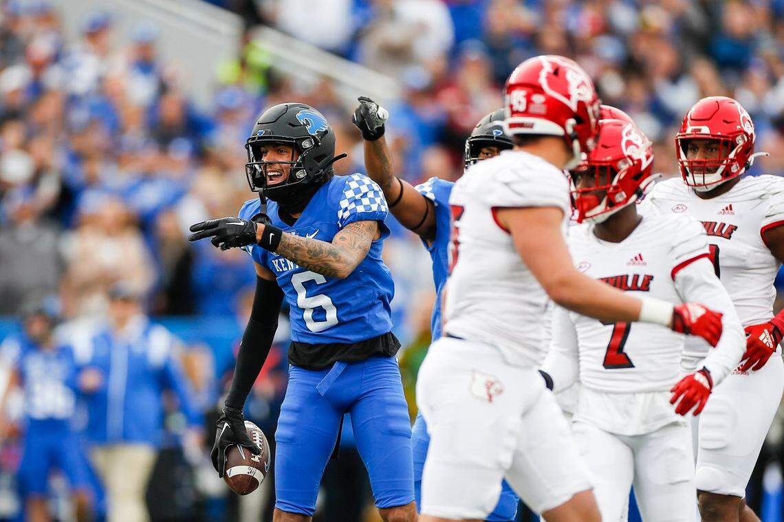 Kentucky Wildcats wide receiver Dane Key (6) celebrates catching a pass for a first down against the Louisville Cardinals during the Governor’s Cup at Kroger Field in Lexington, Ky., Saturday, November 26, 2022.