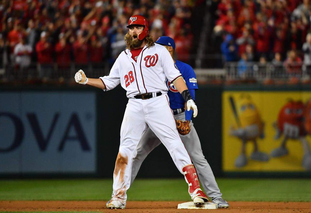 Oct 12, 2017; Washington, DC, USA; Washington Nationals left fielder Jayson Werth (28) reacts after hitting a double in the second inning during game five of the 2017 NLDS playoff baseball series against the Chicago Cubs at Nationals Park. Mandatory Credit: Brad Mills-USA TODAY Sports