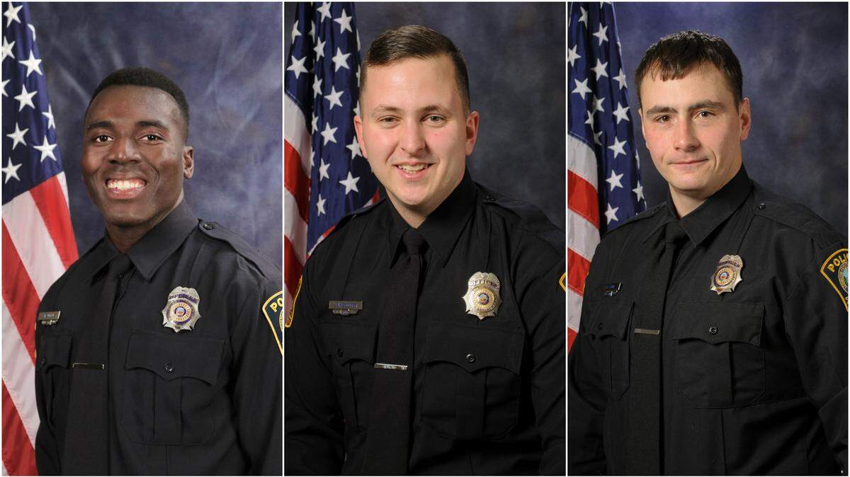 Officers Junior Pauleus, Jacob Webster and Daniel True, left to right, were involved in a shooting Saturday in which police say a teen shot Pauleus, and Webster returned fire. Pauleus was protected by a bulletproof vest, and the teens involved were not injured, police said.