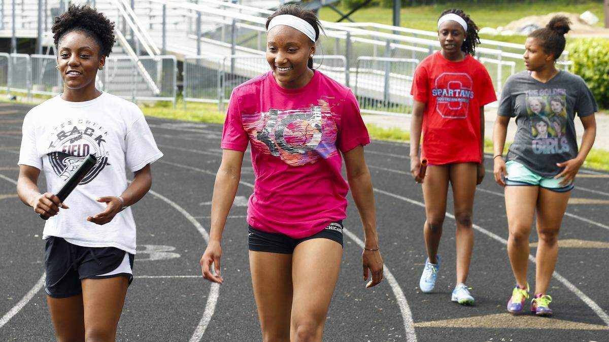 Tates Creek 4-by-100-meter relay runners Myann Davidson, from left, Rosalynd Hollingsworth, Naturi Robinson and  Kendra Thomas. The 4-by-100 team ran a record time at the Eastern Relays last month.