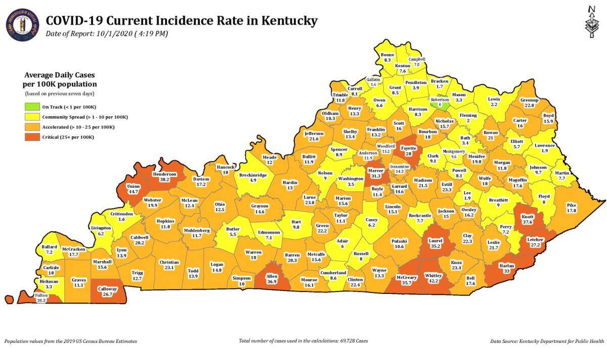 Kentucky’s COVID-19 incidence rate map is designed to give schools guidance on when to suspend in-person classes.