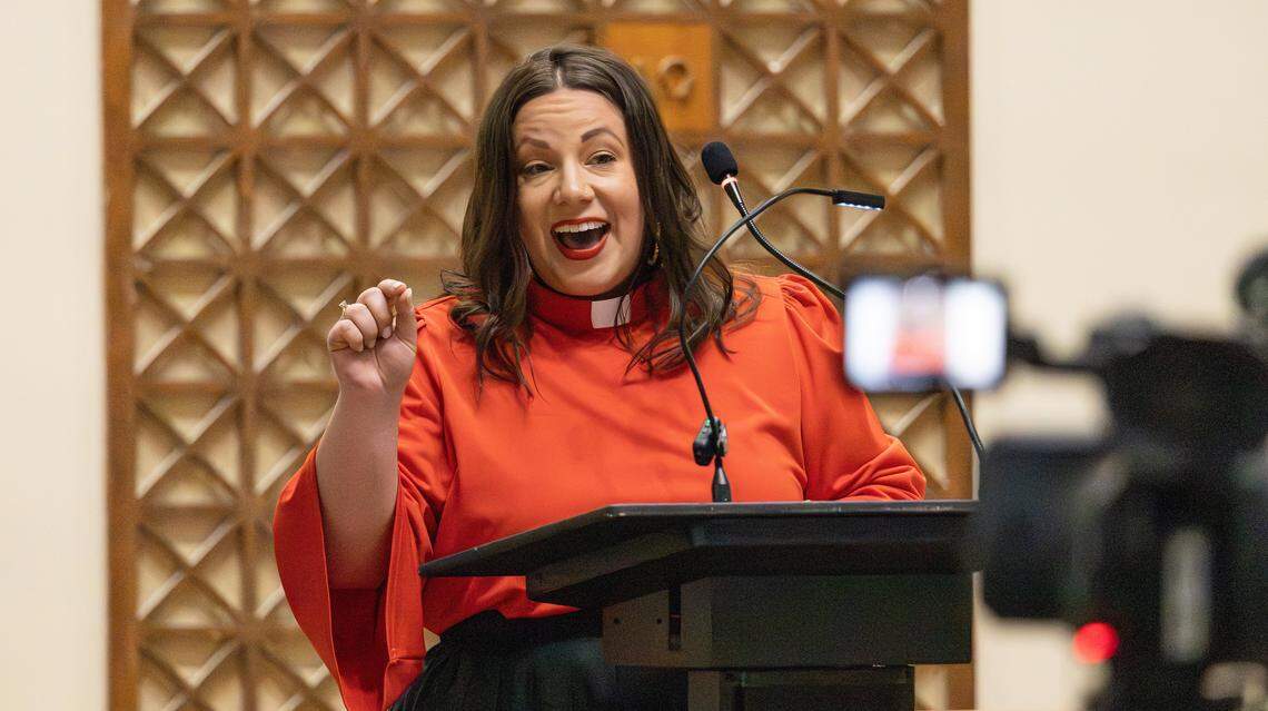 Lead Pastor at Woodland Christian Church (Disciples of Christ), Rev. Christy JoHarber, expressing joy over the new affordable senior apartments, set to open on the grounds of the Woodland Christian Church on East High Street on March 26, 2026, in Lexington, Ky