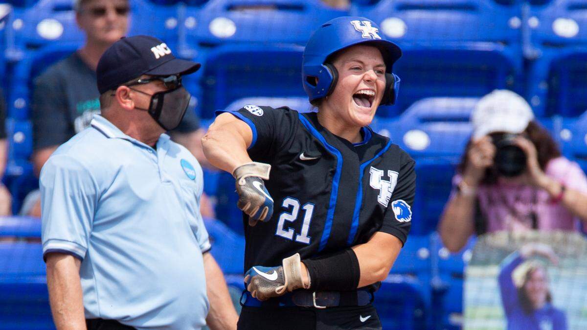 Kentucky shortstop Erin Coffel drove in the Wildcats’ first run in a 7-0 victory over Notre Dame, which forced a second championship game in the 2021 NCAA Softball Tournament’s Lexington Regional.
