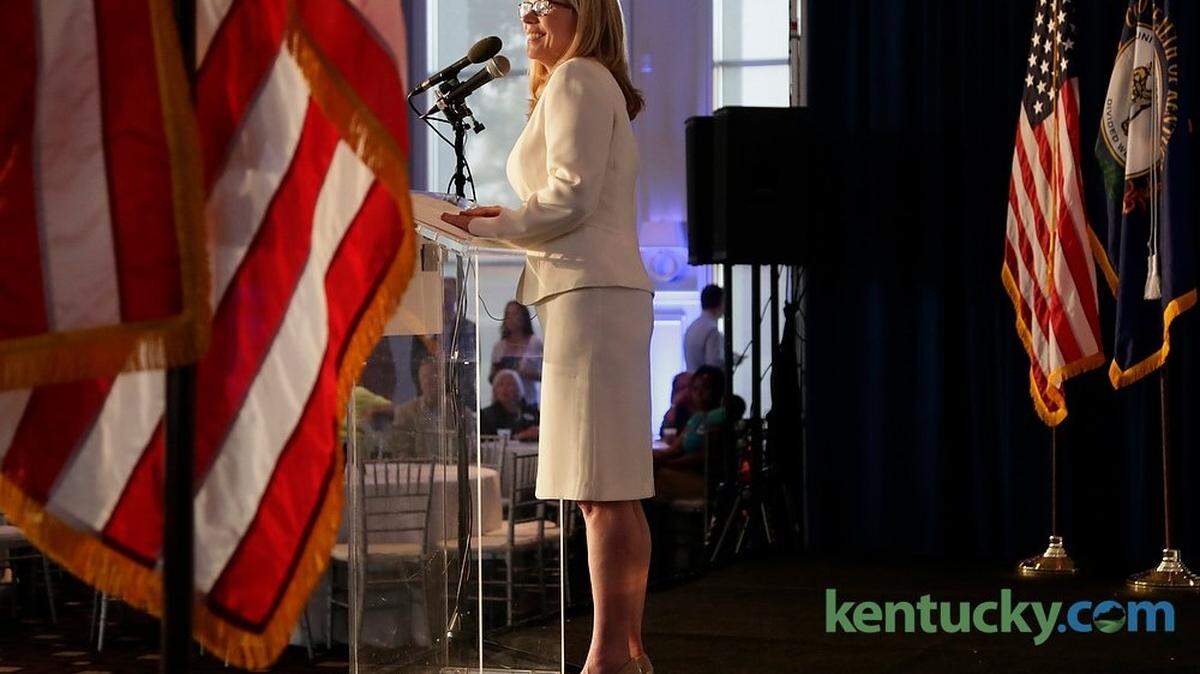 Elizabeth Jensen addressed Democratic supporters Tuesday night at the Carrick House in Lexington after winning the Democratic nomination for U.S. representative in Kentucky's 6th District. Jensen will face GOP incumbent Andy Barr in the fall. 