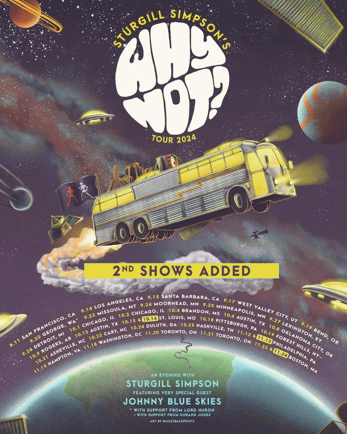 The Sturgill Simpson Why Not Tour 2024 is billed as “An Evening with Sturgill Simpson featuring very special guest Johnny Blue Skies.” The tour will play Rupp Arena on Sept. 27.