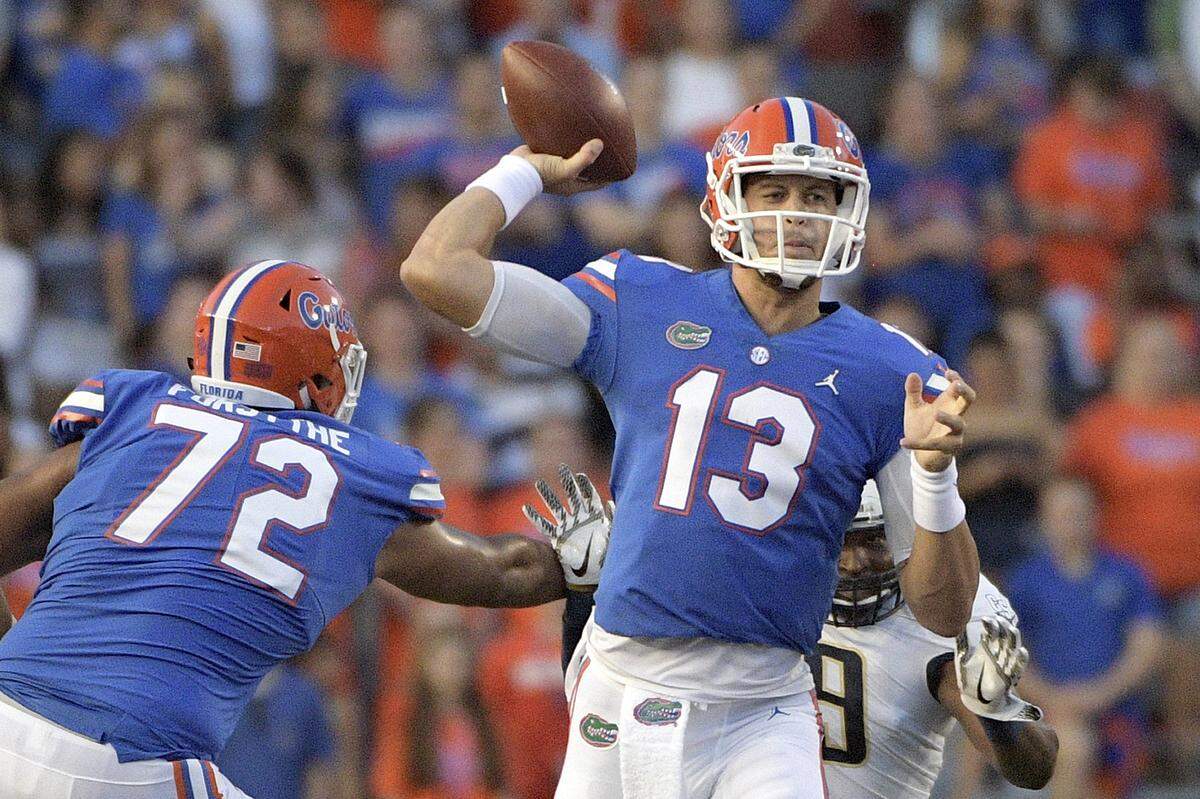 Florida quarterback Feleipe Franks (13) threw for five touchdowns in the Gators’ 53-6 victory over FCS foe Charleston Southern last week in what was Dan Mullen’s debut as UF head coach.