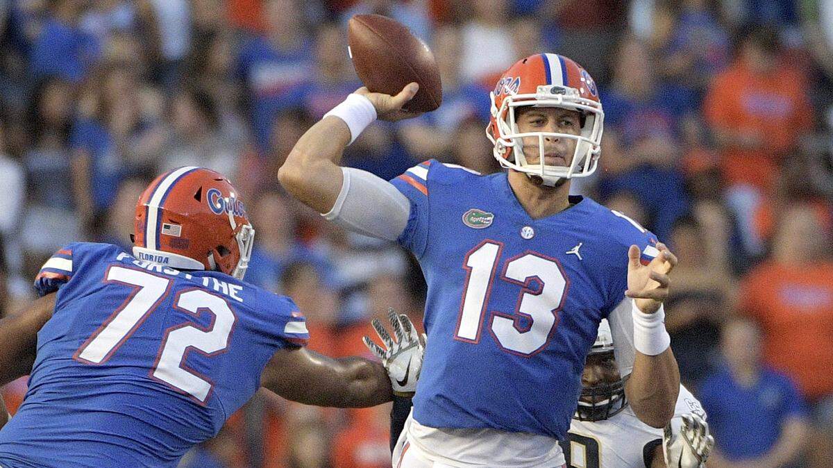 Florida quarterback Feleipe Franks (13) threw for five touchdowns in the Gators’ 53-6 victory over FCS foe Charleston Southern last week in what was Dan Mullen’s debut as UF head coach.