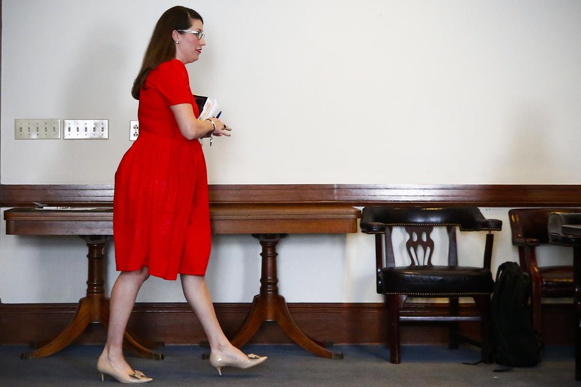 Kentucky Secretary of State Alison Lundergan Grimes  during a special meeting of the State Board of Elections Tuesday at the Kentucky State Capitol in Frankfort. Executive director of the State Board of Elections Jared Dearing accused Secretary of State State Alison Lundergan Grimes of abusing her power.