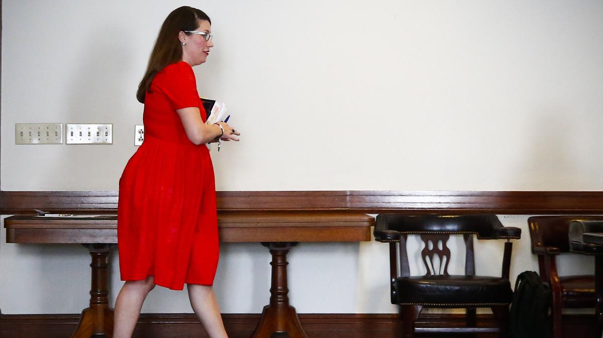 Kentucky Secretary of State Alison Lundergan Grimes  during a special meeting of the State Board of Elections Tuesday at the Kentucky State Capitol in Frankfort. Executive director of the State Board of Elections Jared Dearing accused Secretary of State State Alison Lundergan Grimes of abusing her power.