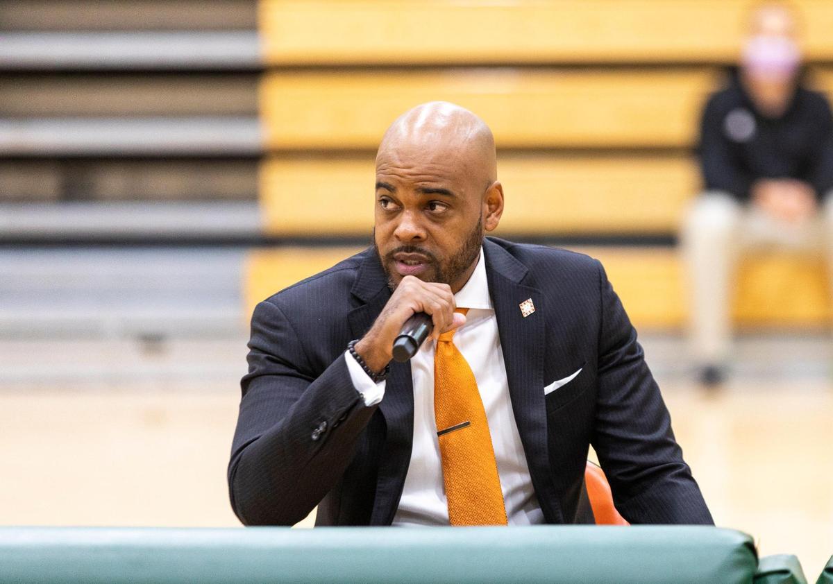 Jason Moseley was introduced as the new boys’ basketball coach at Frederick Douglass High School during a press conference in school’s gymnasium in Lexington, Ky., Tuesday, September 29, 2020.
