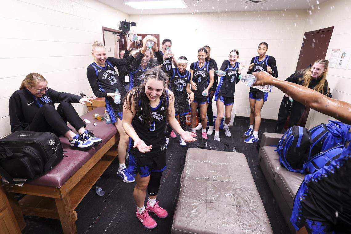 Georgia Amoore received a surprise dousing from teammates in the locker room after scoring a career-high 43 points Sunday. Amoore made 15 of her 22 field goal attempts, including 7 of 12 from beyond the arc and added six free throws.
