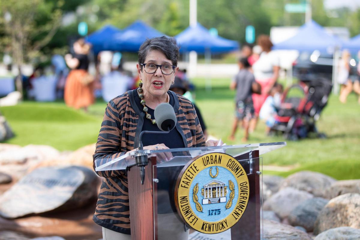 Mayor Linda Gorton announces the opening of a water feature ahead of a heat advisory for the weekend by the National Weather Service at Charles Young Park in Lexington, Ky, Thursday, July 27, 2023.