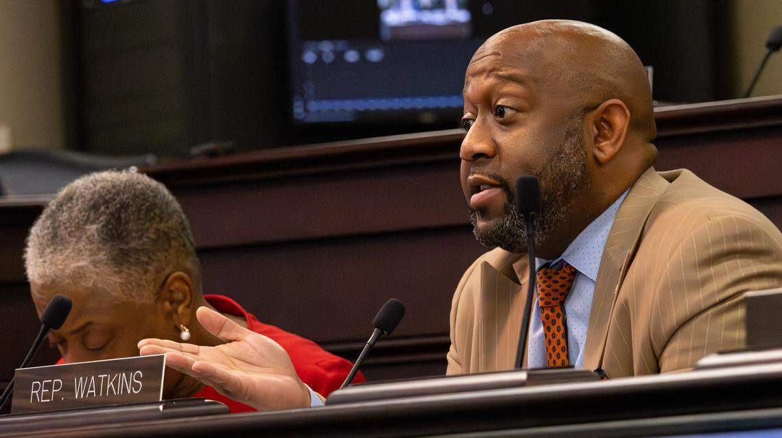 Rep. Joshua Watkins, D- Louisville, requests clarification from Fayette Circuit Judge Julie Goodman’s defense attorney in room 131 at the Capitol Annex Building in Frankfort, Ky, on March 16, 2026.